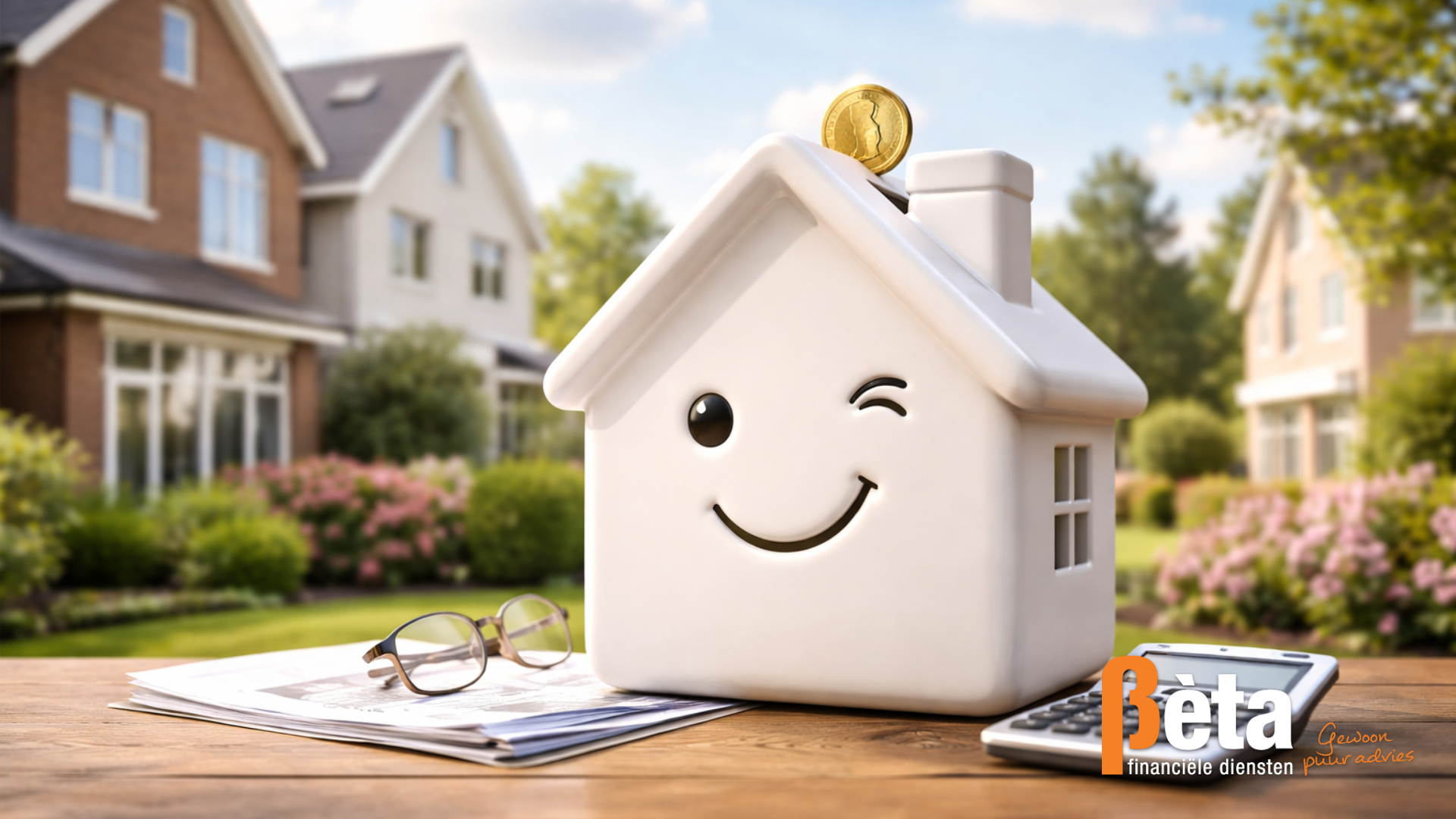 Huisspaarpot met munt en rekenmachine op tafel voor moderne woningen