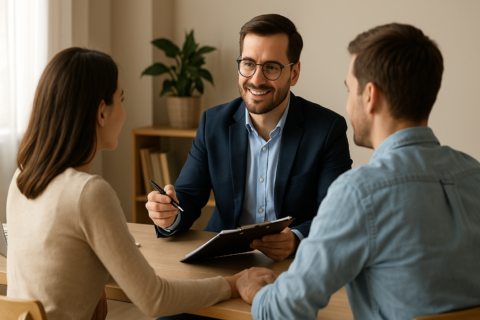 Financieel adviseur van Bèta Financiële Diensten in gesprek met een jong stel in een warme