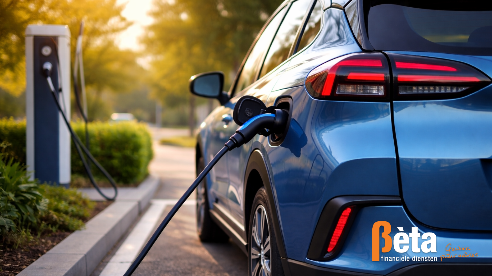 Elektrische auto die wordt opgeladen bij een laadpaal in een groene omgeving