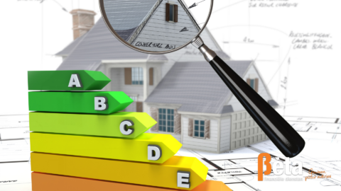 Afbeelding van een huis met energielabels van A++++ tot G ervoor.