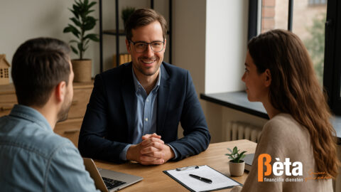 Hypotheekadviseur in gesprek met een stel tijdens een persoonlijk adviesgesprek over hypotheekmogelijkheden voor flexwerkers bij Bèta Financiële Diensten.