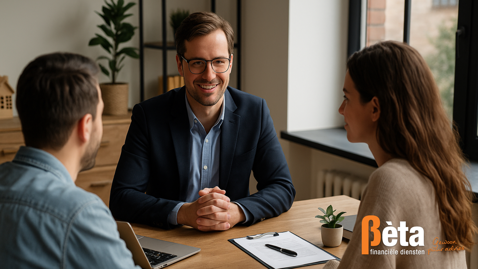Hypotheekadviseur in gesprek met een stel tijdens een persoonlijk adviesgesprek over hypotheekmogelijkheden voor flexwerkers bij Bèta Financiële Diensten.