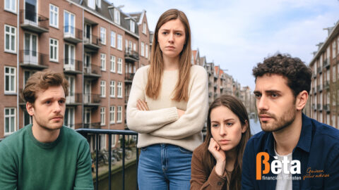 Vier jonge volwassenen op een balkon in Nederland die bezorgd kijken vanwege woningnood en financiële onzekerheid.