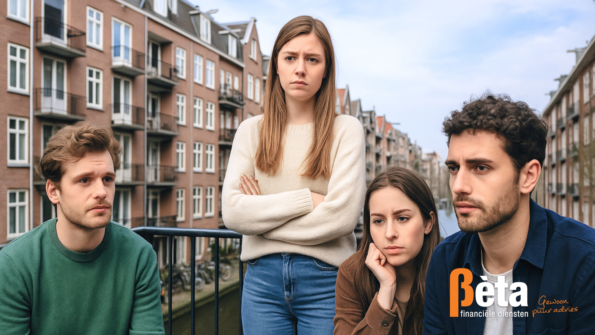 Vier jonge volwassenen op een balkon in Nederland die bezorgd kijken vanwege woningnood en financiële onzekerheid.