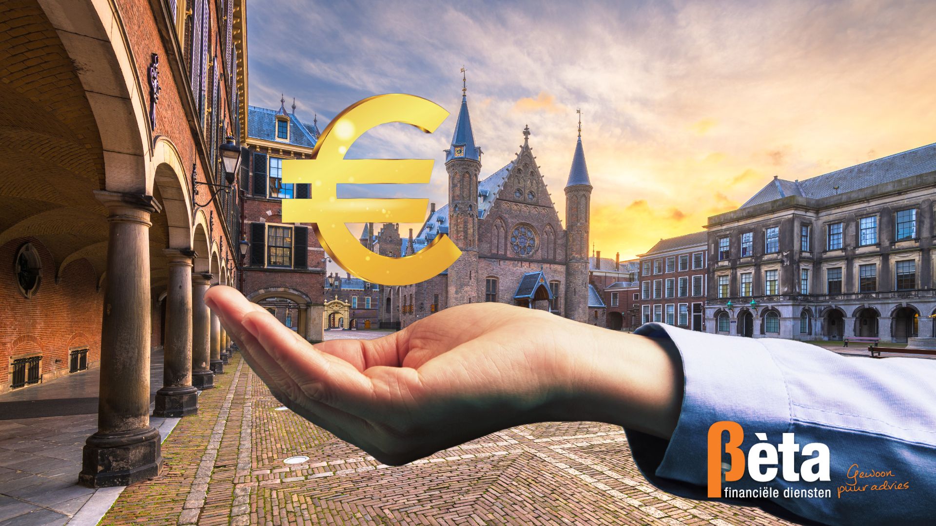 Symbolische hand met euroteken boven het Binnenhof in Den Haag