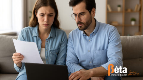 Een jonge man en vrouw bekijken samen financiële documenten op een laptop