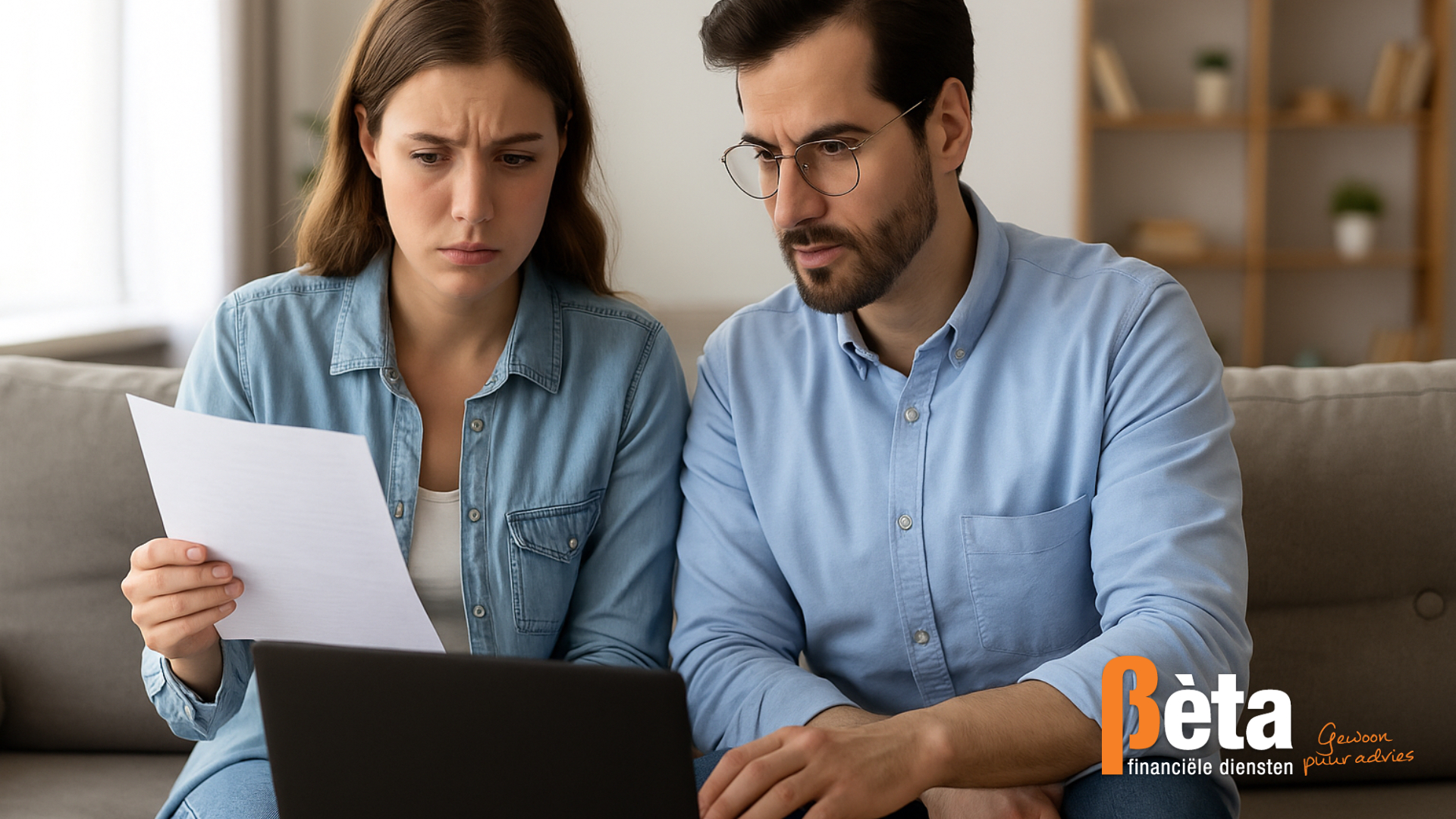 Een jonge man en vrouw bekijken samen financiële documenten op een laptop