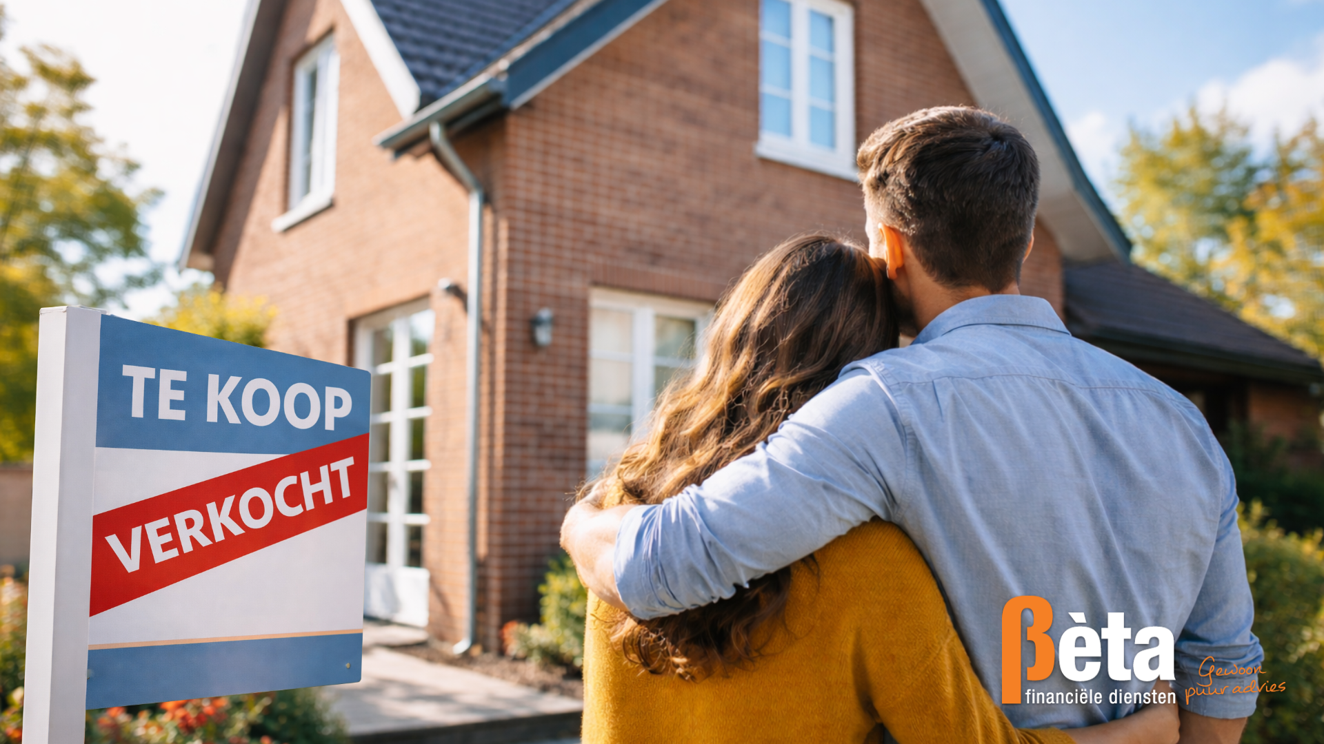 Koppel staat voor hun nieuwe woning met een ‘Te koop – Verkocht’ bord